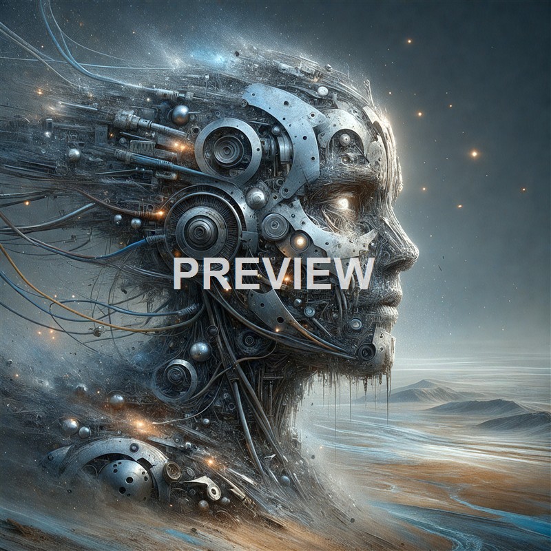 A highly detailed and futuristic depiction of a human head made entirely of mechanical and electronic components, set against a landscape with mountains and water.